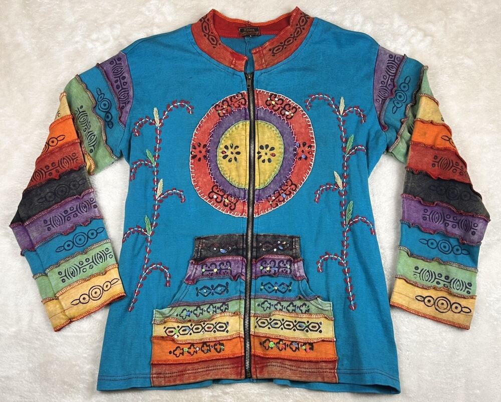 Rising International Artsy Floral Patchwork Jacket Women L Colorful Boho Cotton